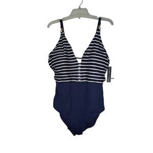La Blanca 1 pc Plunge Navy & White Tummy Control Swimsuit 18W